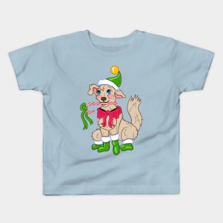 Chistmas Elf Puppy Dog with Candy Cane Kids T-Shirt